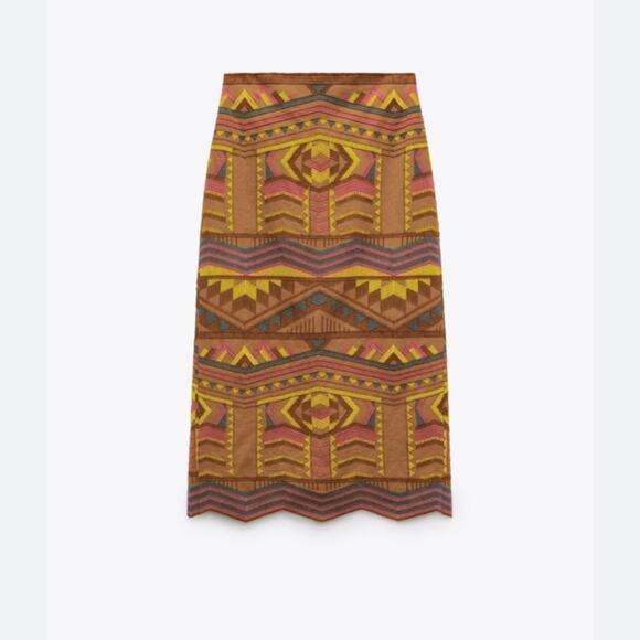Zara Embroidered Brown Boho Navajo Print Skirt size small - Picture 1 of 8